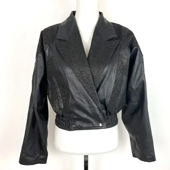 Vintage 80s Womens Black Leather Jacket Cropped Mob Wife Retro Moto Urban Medium - Picture 2 of 11
